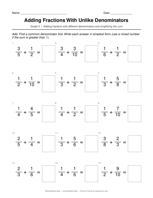Preview of Adding Fractions With Unlike Denominators worksheet