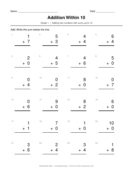 Preview of Addition Within 10 worksheet