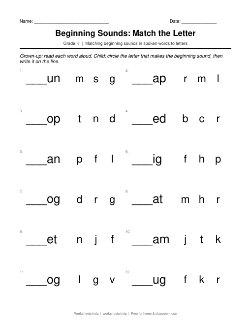 Preview of Beginning Sounds: Match the Letter worksheet