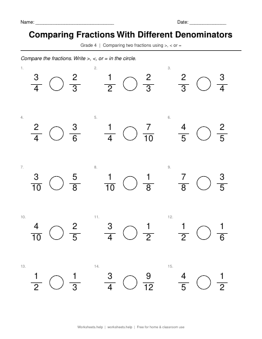 Preview of Comparing Fractions With Different Denominators worksheet