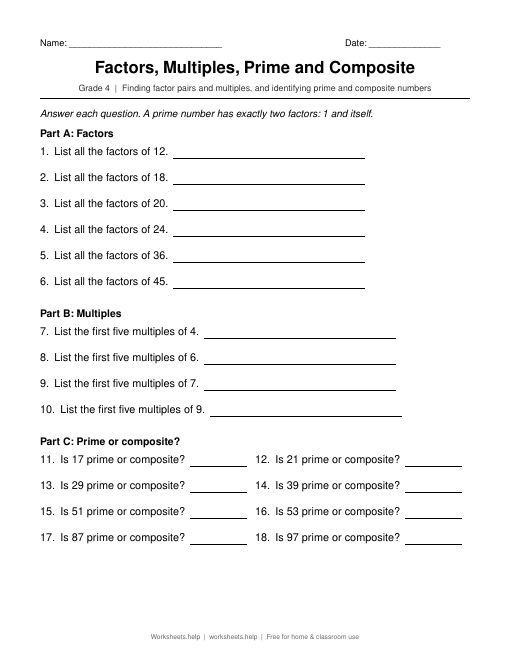Preview of Factors, Multiples, Prime and Composite worksheet
