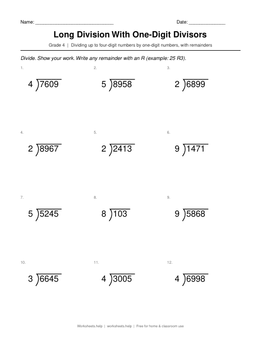 Preview of Long Division With One-Digit Divisors worksheet