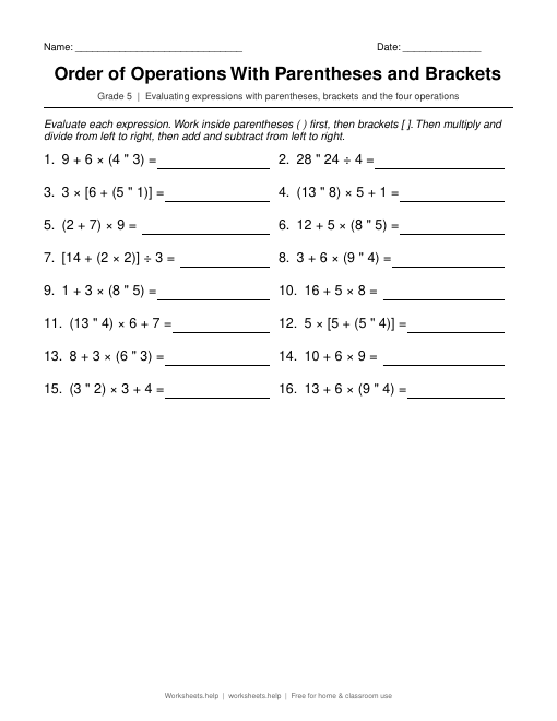 Preview of Order of Operations With Parentheses and Brackets worksheet