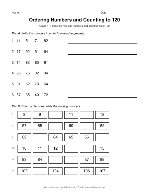 Preview of Ordering Numbers and Counting to 120 worksheet