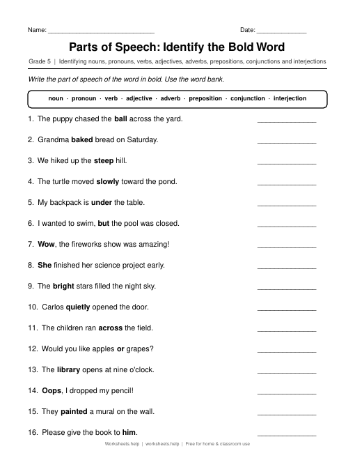 Preview of Parts of Speech: Identify the Bold Word worksheet