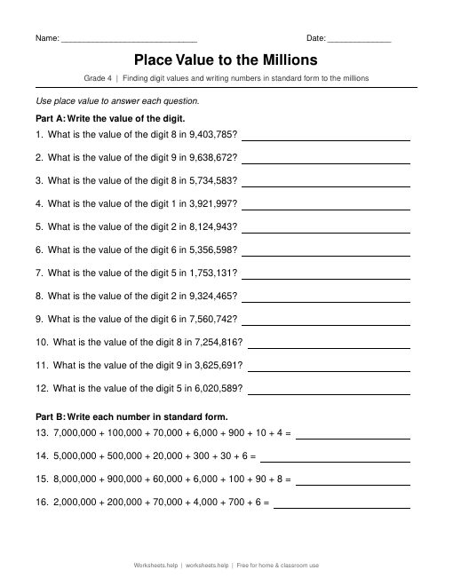 Preview of Place Value to the Millions worksheet