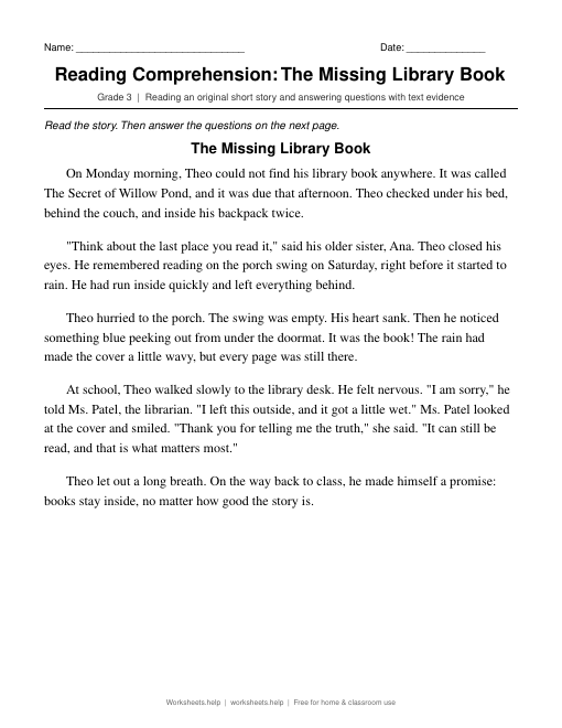 Preview of Reading Comprehension: The Missing Library Book worksheet