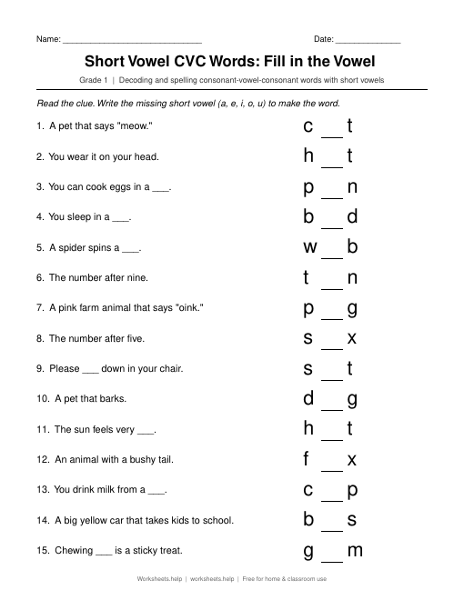 Preview of Short Vowel CVC Words: Fill in the Vowel worksheet