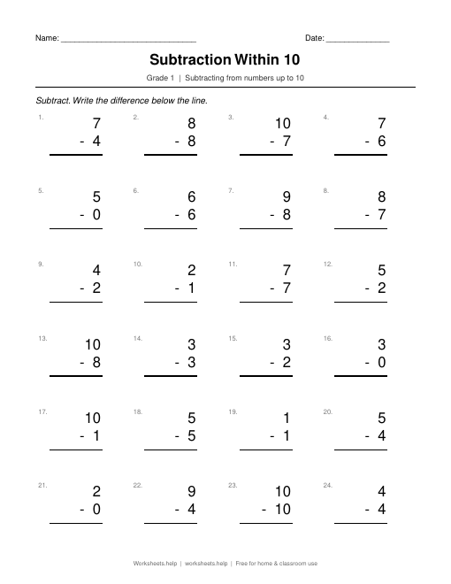 Preview of Subtraction Within 10 worksheet